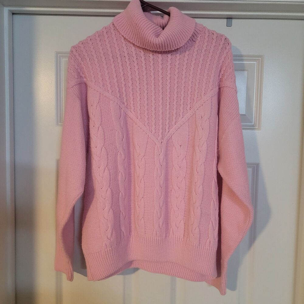 Vintage Mademoiselle Women's Cableknit Sweater Pink Rolled Neck XXLarge USA